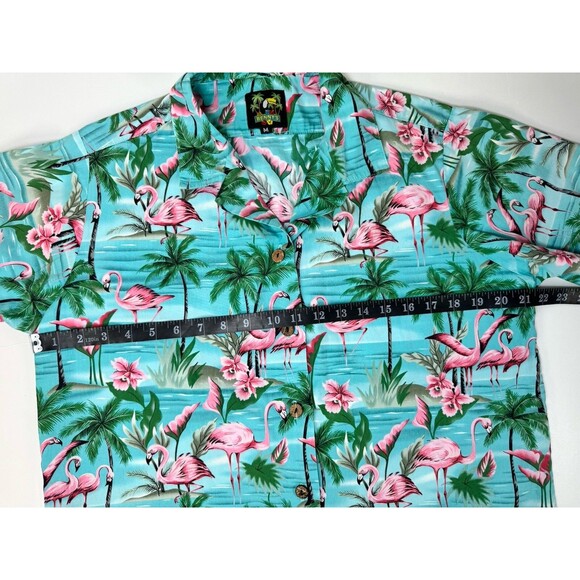 Benny's Hawaiian Shirt Men's Medium Blue Pink Flamingo Palm Tree Tropical Aloha - Picture 6 of 7